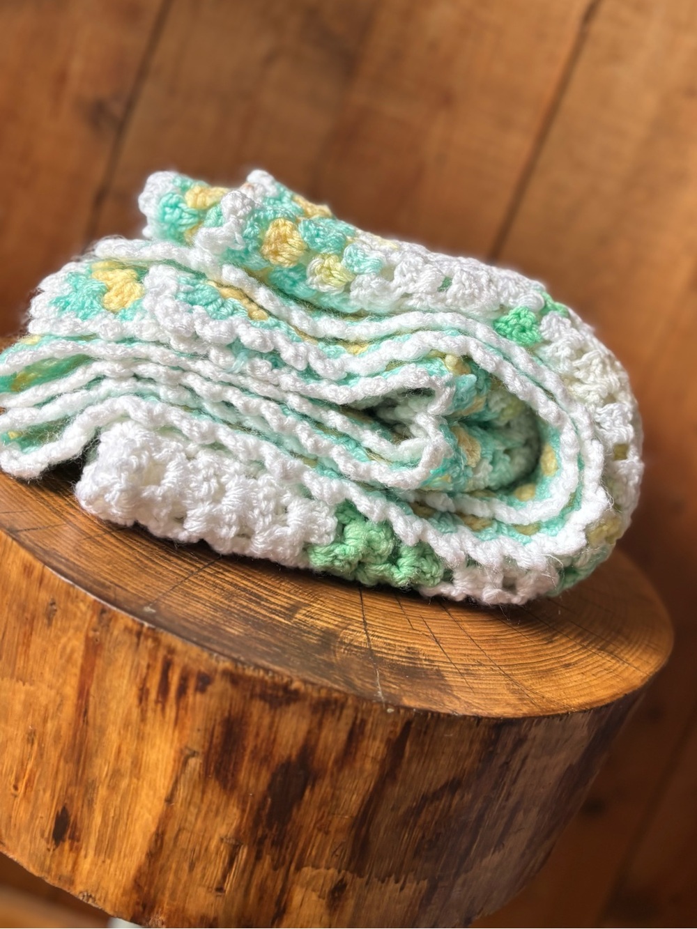 Handmade Crochet Baby Blanket – White, Mint & Yellow
